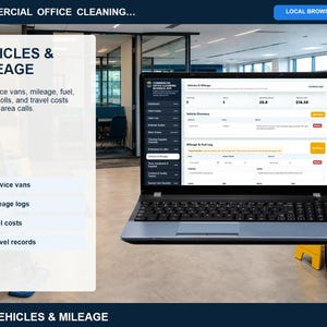 Commercial office cleaning tools and equipment page for tracking equipment, maintenance details, usage, costs, and service notes.