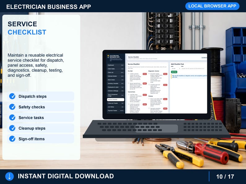 Puede incluir: Un monitor de computadora muestra la interfaz de lista de verificaci&oacute;n de servicio de la aplicaci&oacute;n Electrician Business App. La pantalla presenta columnas para tareas, controles de seguridad y diagn&oacute;sticos. Junto al monitor hay herramientas el&eacute;ctricas.