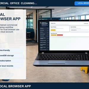 Commercial office cleaning local browser app help page explaining offline storage, backup routines, navigation, record relationships, printing, and troubleshooting.