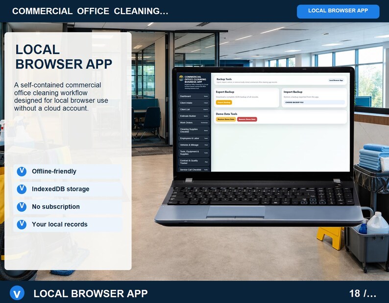 Commercial office cleaning local browser app help page explaining offline storage, backup routines, navigation, record relationships, printing, and troubleshooting.