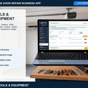 Garage door repair warranty and maintenance tracker showing recurring service plans, warranty checks, next visits, prices, and customer notes.