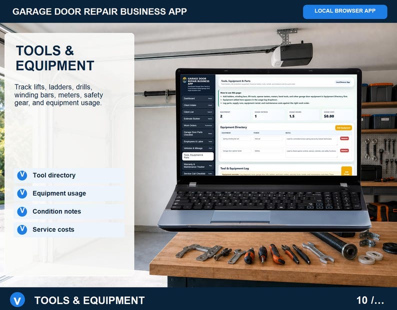 Garage door repair warranty and maintenance tracker showing recurring service plans, warranty checks, next visits, prices, and customer notes.