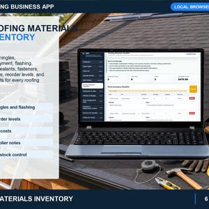 roofing parts inventory checklist showing categories, quantities on hand, reorder levels, unit costs, suppliers, and notes.