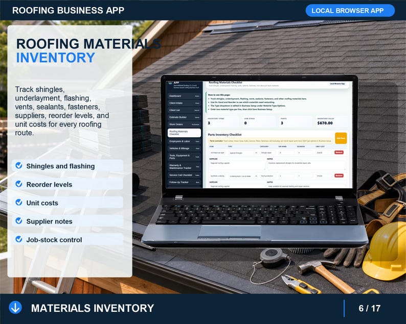roofing parts inventory checklist showing categories, quantities on hand, reorder levels, unit costs, suppliers, and notes.