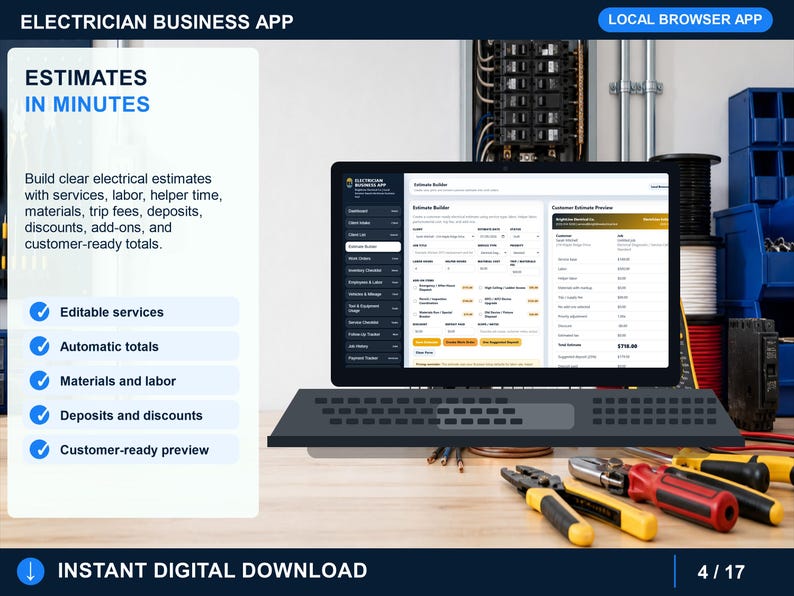 Puede incluir: Una pantalla de ordenador que muestra la interfaz de la aplicaci&oacute;n Electrician Business App con una herramienta de creaci&oacute;n de presupuestos. La pantalla muestra campos para servicios, mano de obra y totales. Hay herramientas el&eacute;ctricas sobre una superficie de madera.