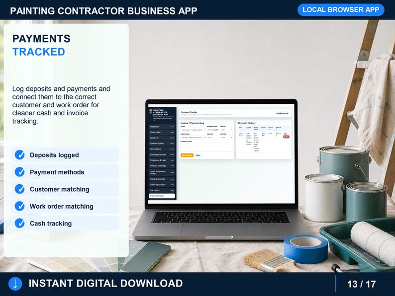 painting contractor job history page showing completed service records, customer details, service notes, dates, charges, payments, and job activity.