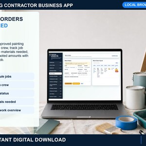 painting contractor work orders page showing scheduled service calls, technician assignment, job scope, needed parts, status tracking, and customer notes.