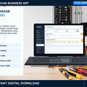Puede incluir: Un monitor de computadora que muestra la interfaz de la aplicaci&oacute;n Electrician Business App con un panel de seguimiento de herramientas. La pantalla muestra categor&iacute;as para directorio de herramientas, entradas de uso, costos y mantenimiento.