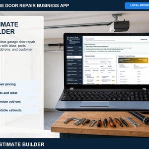 Garage door repair work orders page showing scheduled service calls, technician assignment, job scope, needed parts, status tracking, and customer notes.