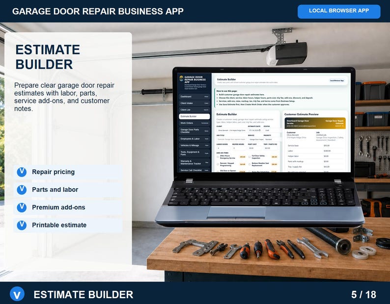 Garage door repair work orders page showing scheduled service calls, technician assignment, job scope, needed parts, status tracking, and customer notes.