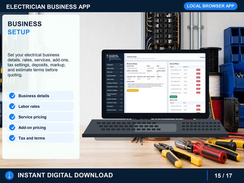 electrician printable forms page with customer-ready estimates, work orders, service records, invoices, receipts, and warranty documents.