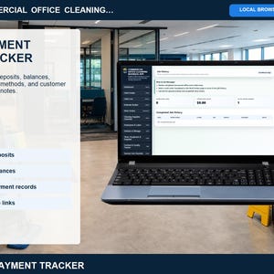 Commercial office cleaning payment tracker for recording customer payments, deposits, invoices, balances, payment dates, methods, and notes.