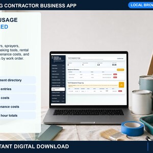 painting contractor tools and equipment page for tracking equipment, maintenance details, usage, costs, and service notes.