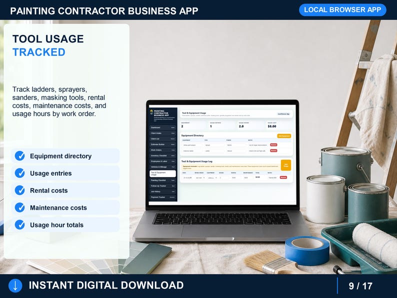 painting contractor tools and equipment page for tracking equipment, maintenance details, usage, costs, and service notes.