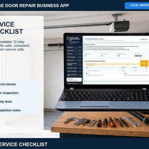 Garage door repair service call checklist showing a 12-step workflow from arrival and diagnosis through service, testing, cleanup, and customer sign-off.