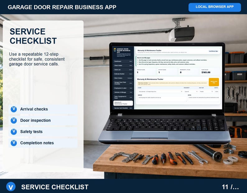 Garage door repair service call checklist showing a 12-step workflow from arrival and diagnosis through service, testing, cleanup, and customer sign-off.