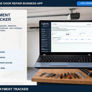 Garage door repair payment tracker for recording customer payments, deposits, invoices, balances, payment dates, methods, and notes.