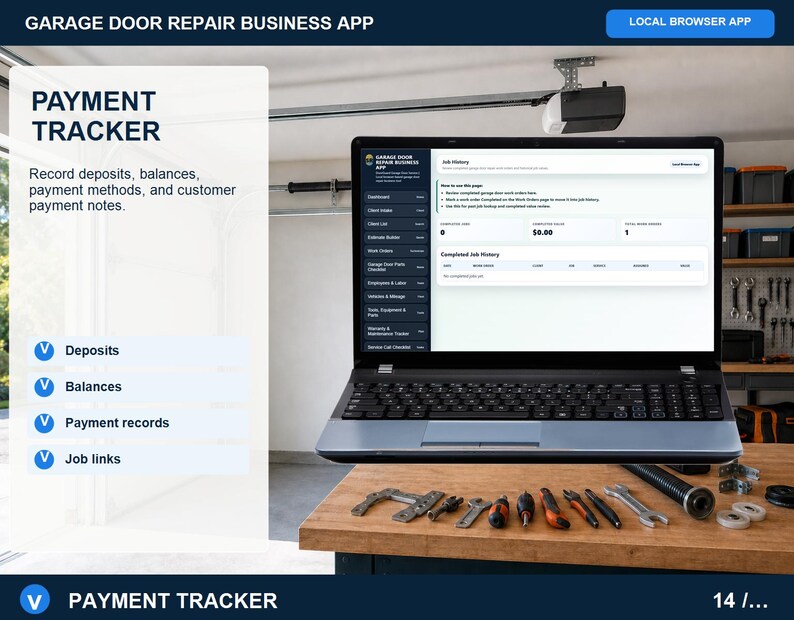 Garage door repair payment tracker for recording customer payments, deposits, invoices, balances, payment dates, methods, and notes.