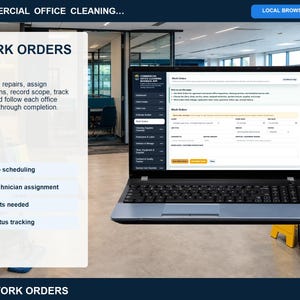Commercial office cleaning parts inventory checklist showing categories, quantities on hand, reorder levels, unit costs, suppliers, and notes.