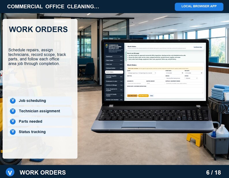 Commercial office cleaning parts inventory checklist showing categories, quantities on hand, reorder levels, unit costs, suppliers, and notes.