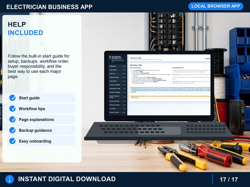 electrician backup tools page for exporting and importing local browser data, restoring demo data, removing demo data, and protecting records.