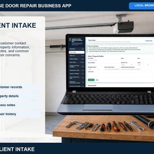 Garage door repair client list page for searching saved customers, reopening records, reviewing job history, and loading clients into estimates.