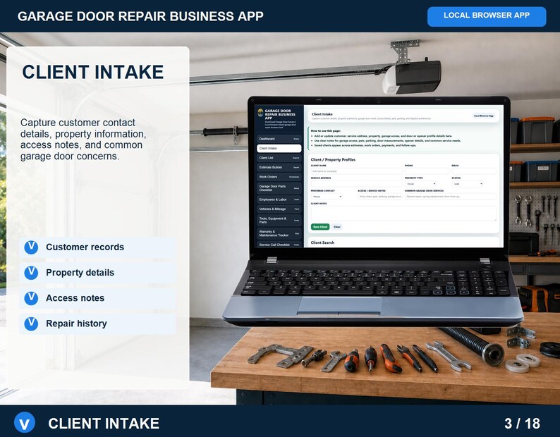 Garage door repair client list page for searching saved customers, reopening records, reviewing job history, and loading clients into estimates.