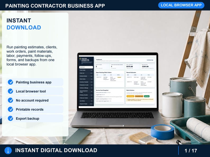 painting contractor business app dashboard showing clients, open service work orders, payments, costs, balances, and quick actions on a laptop.