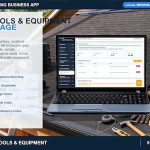 roofing tools and equipment page for tracking equipment, maintenance details, usage, costs, and service notes.