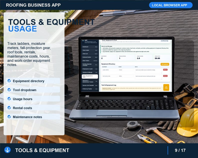 roofing tools and equipment page for tracking equipment, maintenance details, usage, costs, and service notes.