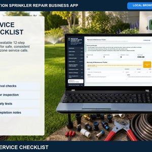 Irrigation sprinkler repair service call checklist showing a 12-step workflow from arrival and diagnosis through service, testing, cleanup, and customer sign-off.