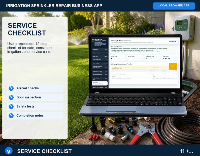Irrigation sprinkler repair service call checklist showing a 12-step workflow from arrival and diagnosis through service, testing, cleanup, and customer sign-off.