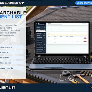 roofing client list page for searching saved customers, reopening records, reviewing job history, and loading clients into estimates.