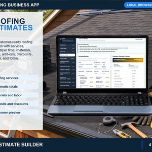 roofing estimate builder showing service selection, labor, parts, premium add-ons, notes, and printable estimate options.