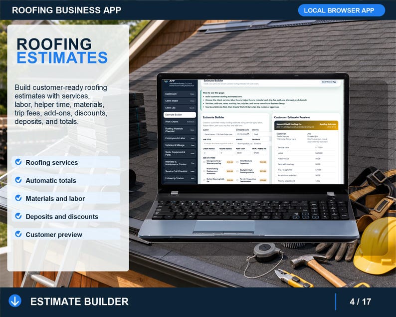 roofing estimate builder showing service selection, labor, parts, premium add-ons, notes, and printable estimate options.