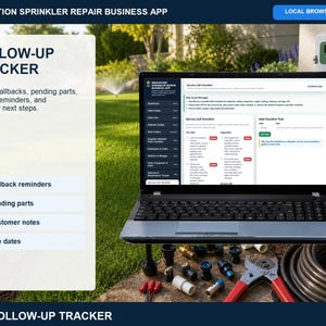 Irrigation sprinkler repair follow-up tracker for warranty checks, pending parts, customer reminders, service callbacks, due dates, and next-step notes.