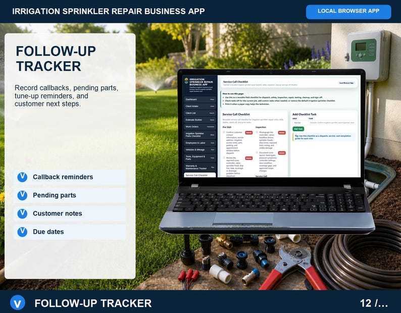 Irrigation sprinkler repair follow-up tracker for warranty checks, pending parts, customer reminders, service callbacks, due dates, and next-step notes.