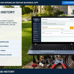 Irrigation sprinkler repair job history page showing completed service records, customer details, service notes, dates, charges, payments, and job activity.