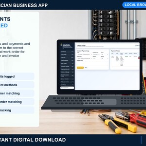 electrician job history page showing completed service records, customer details, service notes, dates, charges, payments, and job activity.