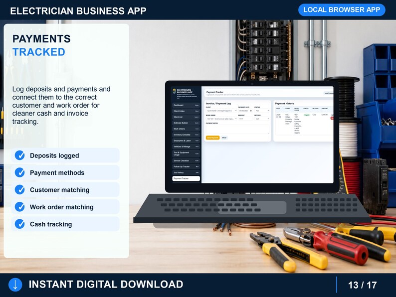 electrician job history page showing completed service records, customer details, service notes, dates, charges, payments, and job activity.