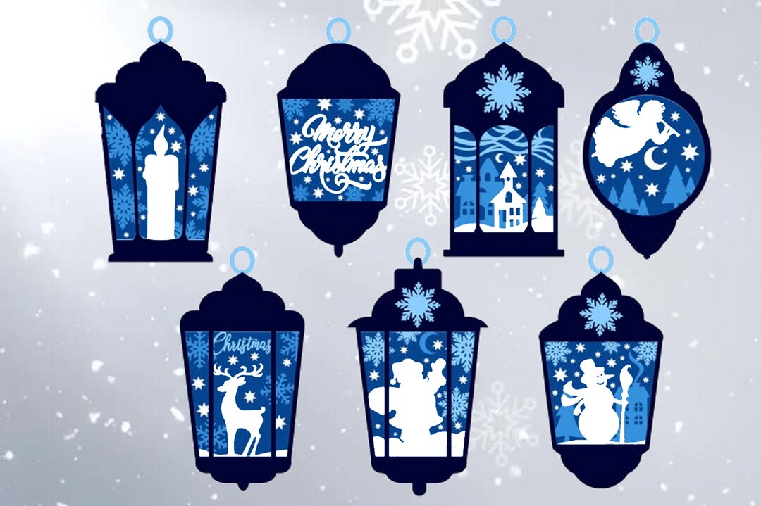 Layered Christmas Ornaments With White and Blue Accents in a Charcoal Blue Lamp Etsy