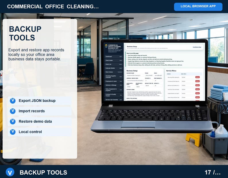 Commercial office cleaning backup tools page for exporting and importing local browser data, restoring demo data, removing demo data, and protecting records.