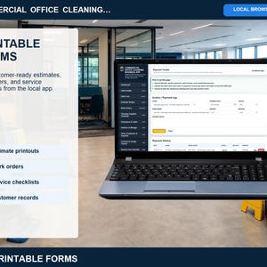 Commercial office cleaning printable forms page with customer-ready estimates, work orders, service records, invoices, receipts, and warranty documents.
