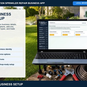 Irrigation sprinkler repair business setup page for editing company details, service options, add-ons, parts categories, checklist settings, and defaults.