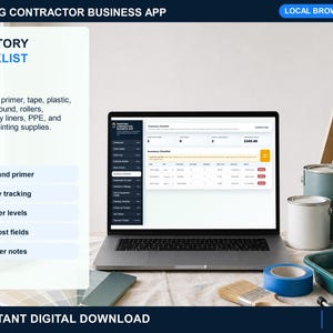 painting contractor parts inventory checklist showing categories, quantities on hand, reorder levels, unit costs, suppliers, and notes.