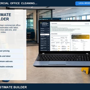 Commercial office cleaning work orders page showing scheduled service calls, technician assignment, job scope, needed parts, status tracking, and customer notes.
