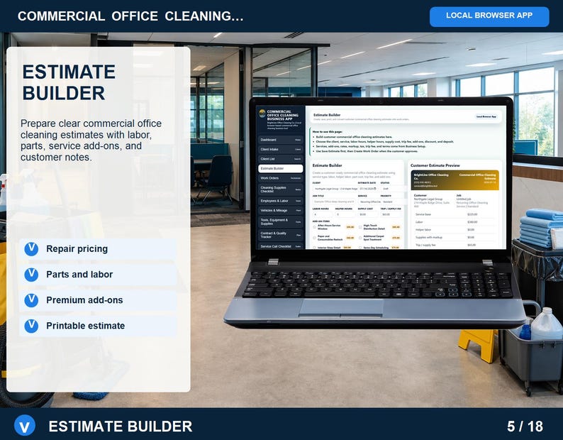Commercial office cleaning work orders page showing scheduled service calls, technician assignment, job scope, needed parts, status tracking, and customer notes.