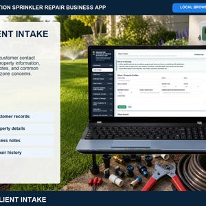Irrigation sprinkler repair client list page for searching saved customers, reopening records, reviewing job history, and loading clients into estimates.