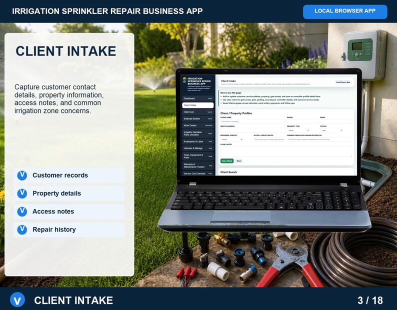 Irrigation sprinkler repair client list page for searching saved customers, reopening records, reviewing job history, and loading clients into estimates.