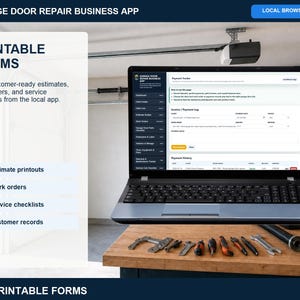 Garage door repair printable forms page with customer-ready estimates, work orders, service records, invoices, receipts, and warranty documents.